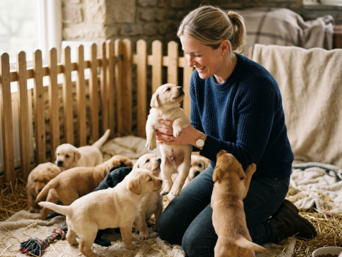 Woman kneeling and holding a Labrador puppy surrounded by several other puppies in an indoor pen